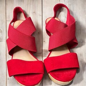 American Eagle | Red Elastic Strap Cross Front
 Slingback Cork Wedges Style Ryan